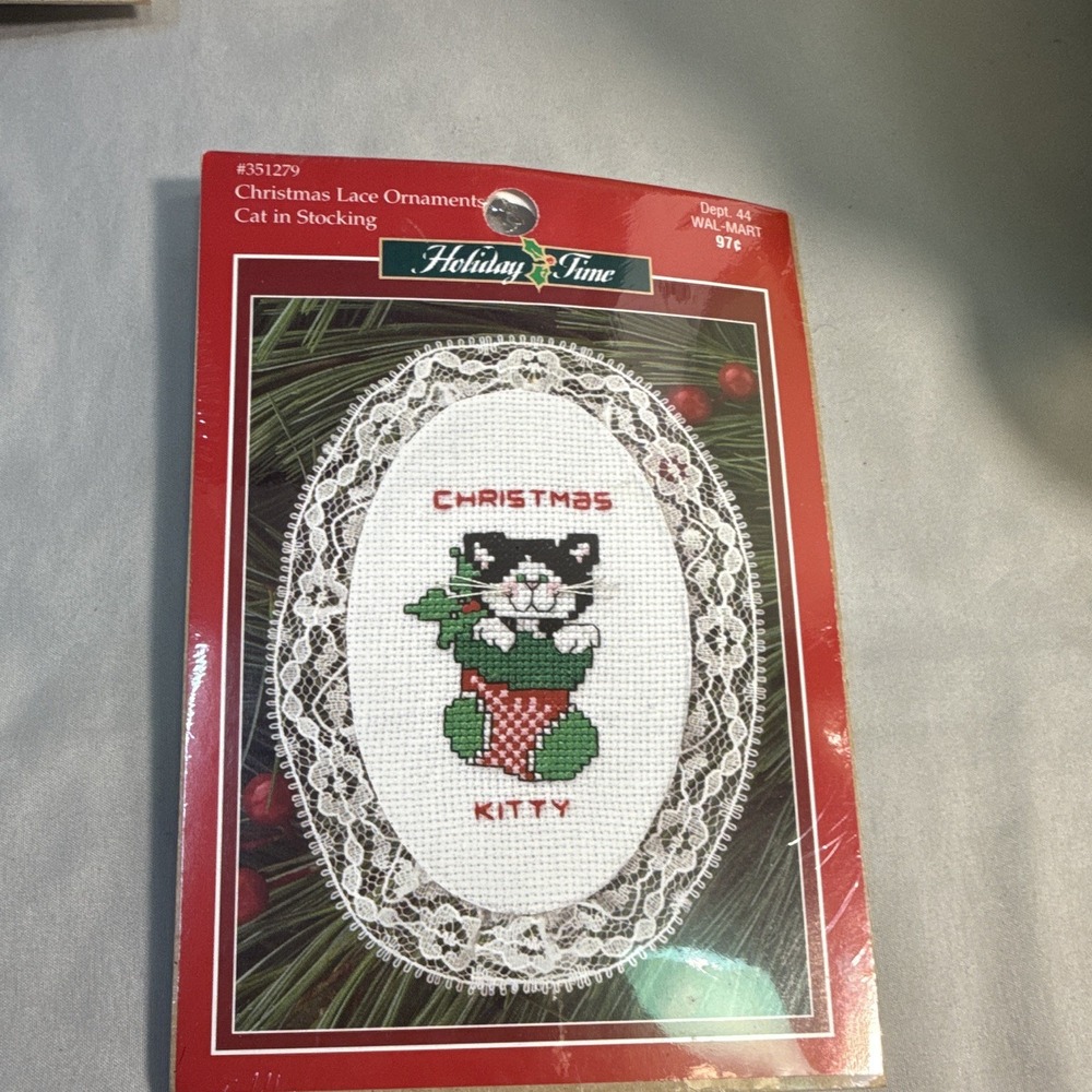 Holiday Time Cat in Stocking Christmas Lace Ornament Cross Stitch Kit 351279